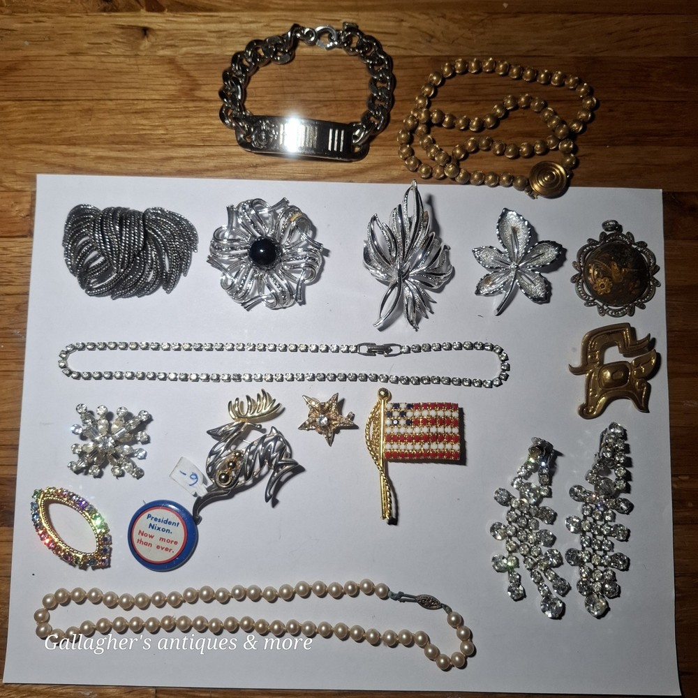 Vintage Costume Jewelry brooch Lot + Etc Rhinestones Earrings bracelet Necklace