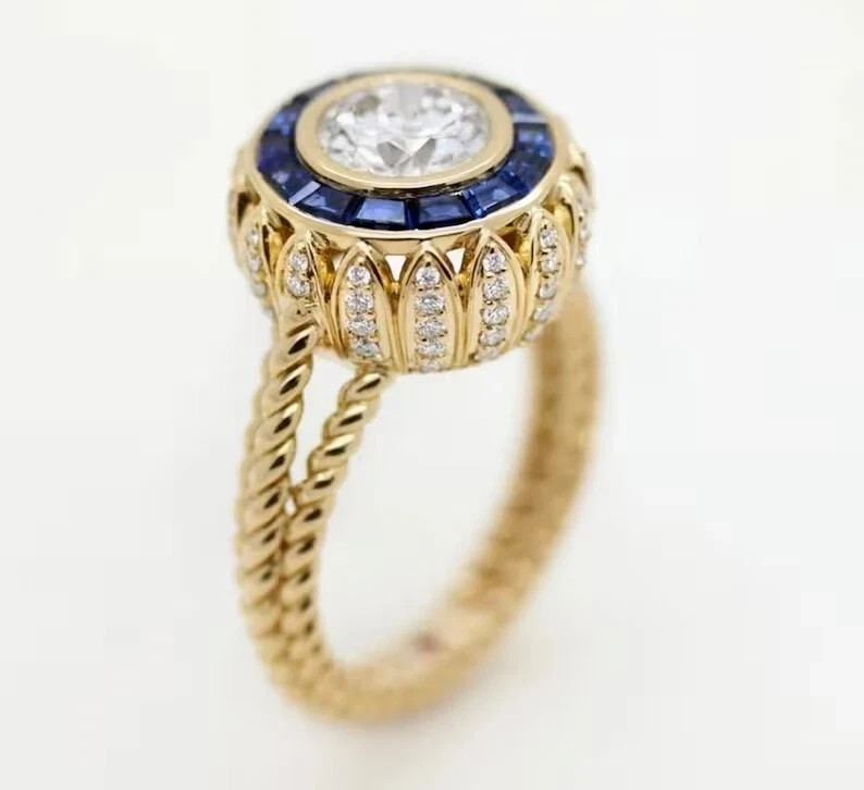 Elegant Art Deco Style Lab-Grown Diamond & Sapphire 14K Yellow Gold FN Gift Ring