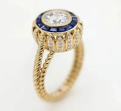 Elegant Art Deco Style Lab-Grown Diamond & Sapphire 14K Yellow Gold FN Gift Ring