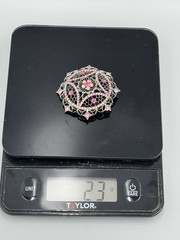 Vintage Pink Black Rhinestone Filigree Brooch Silver Tone Gothic Mandala READ