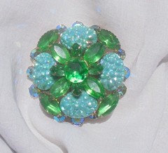 Vintage Aqua Lava Glass Green and AB Rhinestone Flower Brooch