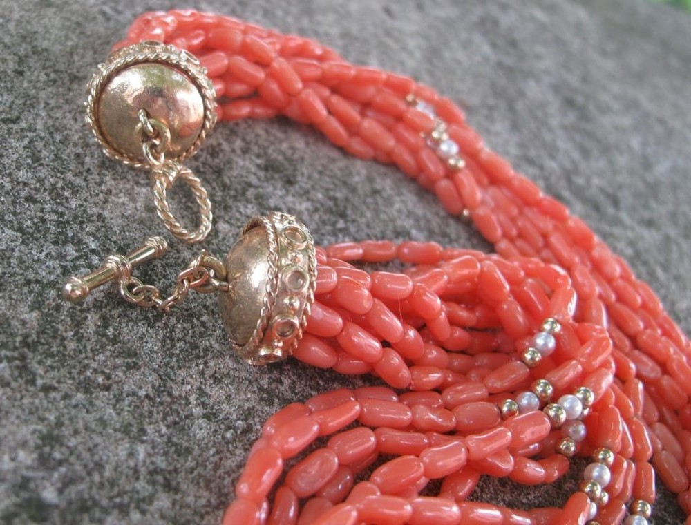 Vintage multi strand Coral Pearl and 14k gold necklace