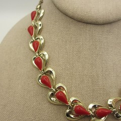 Vintage Hearts Necklace Red Beads Gold Tone Links Choker Collar 15 Inch