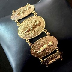 Cherub Panel Link Bracelet Victorian Revival Gold Tone Putti Figural 7 Inch