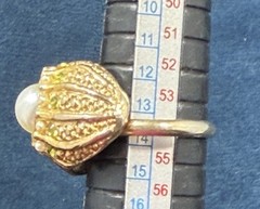 Vintage Cocktail Dome Ring Adjustable Pearls Green Rhinestones Gold Tone Size 7