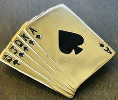 Vintage Gold Tone Pin Playing Cards Royal Flush Spades Vegas Gambler Gamble LUCK
