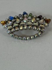 Vintage B David Crown Brooch Multicolor AB Rhinestones Faux Pearls Signed BR016