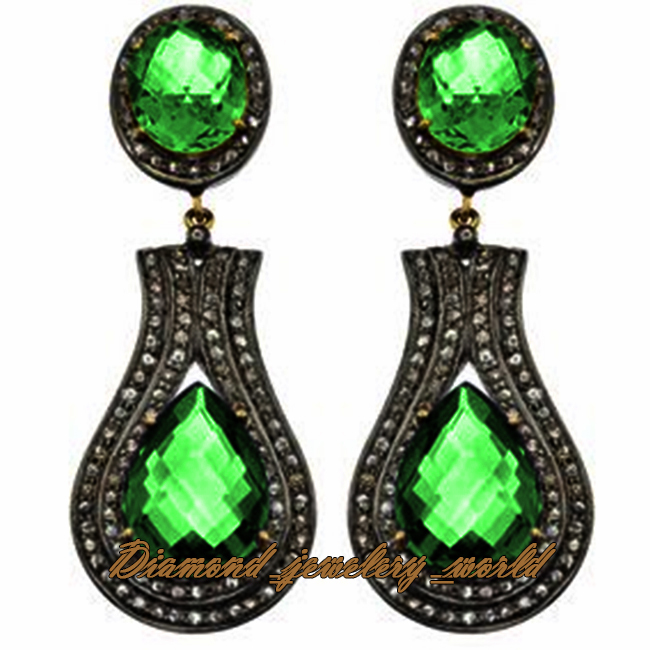 Gorgeous 2.84ctw Rose Cut Diamond Emerald Studded Silver Vintage Earring Jewelry