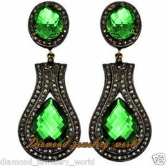 Gorgeous 2.84ctw Rose Cut Diamond Emerald Studded Silver Vintage Earring Jewelry