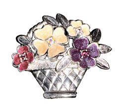 Brooch Pin Flower Basket Silver Tone Liz Claiborne Rhinestones Glitter VTG 1.5”