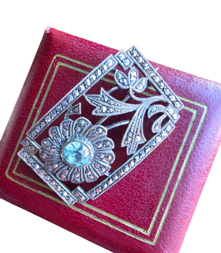 Art Deco 925 Sterling Silver Blue Gemstone & Marcasites Brooch