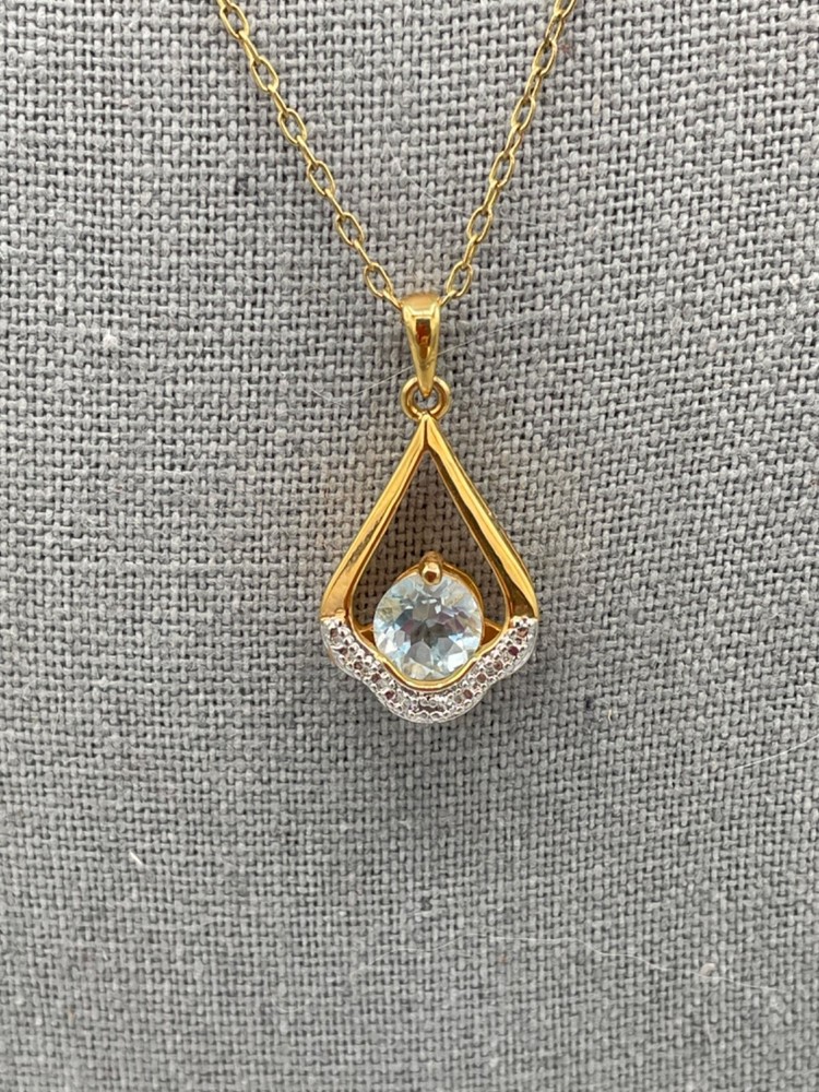 Designer PAJ BB Gold Plated Blue Topaz Drop Pendant Necklace 18 inches