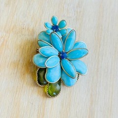 VTG Estate W. Germany Pin Brooch Blue Flower Rhinestone Celluloid Large Signed