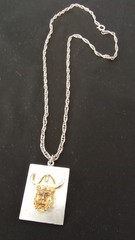 Vintage Mens Viking Horned Helmut Gold Tone Pewter Pendant Necklace Chain 18 in