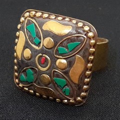 Vintage 2.50ctw Coral & Malachite Gold Vermeil Adjustable Ring 14g