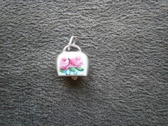 TINY Rose Flowers Cow Bell Vintage 800 Silver Guilloche Enamel Charm Pendant