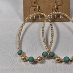 Plunder “Cara” Gold Tone Oval Hoop Earrings Twisted Wire Turquoise & Gold Beads