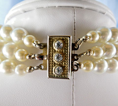 Vintage Faux Pearl Necklace Black White Beaded Multi Strand w/ Crystals
