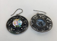 Vintage Painted Enameled Earring Soviet Cupronickel Finift Hand Wrought Filigree