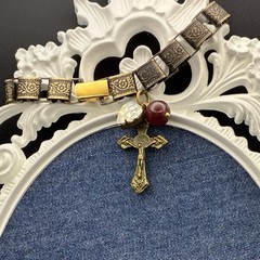 Vintage Japan Glass & Faux Opal Heart Charms, New Antiqued Gold Book Chain,Cross