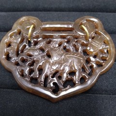 Carved Brown Stone Pendant Gold Tone
