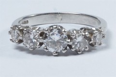VINTAGE ENGLISH SOLID PLATINUM DIAMOND 5 STONE RING c1980’s – 1.35ct.