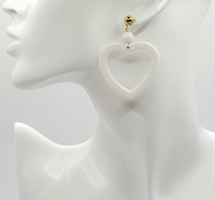White Heart Open Center Bead Drop Dangle w Ball Stud Gold Tone Vintage Earrings