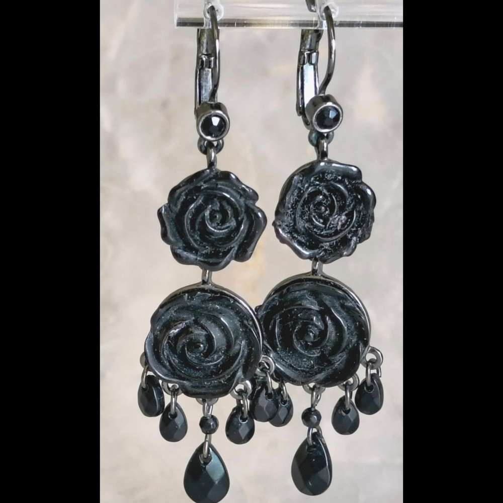 Vintage Victorian Revival Black Rose Carved Dangle Drop Gothic Moody Earrings