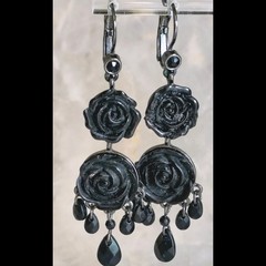 Vintage Victorian Revival Black Rose Carved Dangle Drop Gothic Moody Earrings