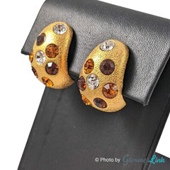 VTG 80s Jackie Collins Dome Half Circle Rhinestone Gold Tone Clip On Earrings