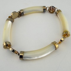 Chinese Longevity Mother Of Pearl Bracelet Safety Chain 7in Gold Tone