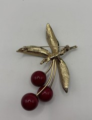 Vintage Large 3.25″ Gold-Tone Red & Green Enamel Cherry Statement Brooch