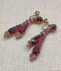 Victorian Revival Pink Purple Rhinestone Earrings Gold Tone Tassel Screw Back