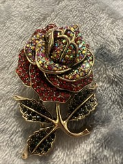 Pink Irridescent Rhinestone Rose Pin / Brooch – Large – Gold Toned Back