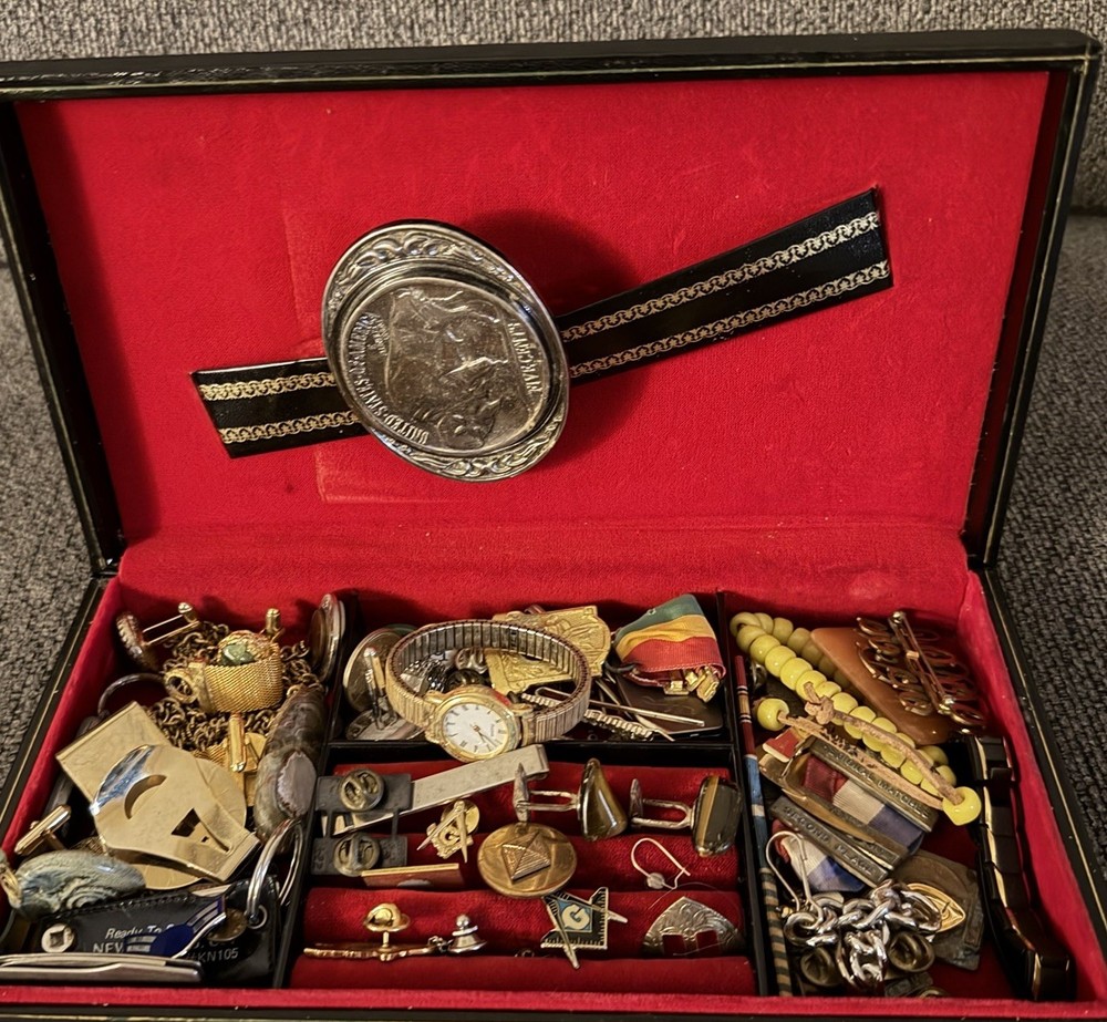 Swank Jewelry Case Filled With Jewelry Cufflinks Ring Pins Coin Watch Misc Junk