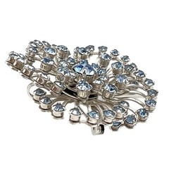 Vintage Blue Rhinestone Wavy Flower Petals Silver Tone Brooch Pin Pendant