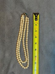 Vintage Japan Double Strand Glass Pearl Necklace Green Cabochon Clasp