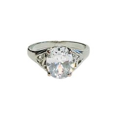 Oval 10mm Cubic Zirconia Solitaire Ring Sz 7 Silver Tone Filigree Engagement EUC
