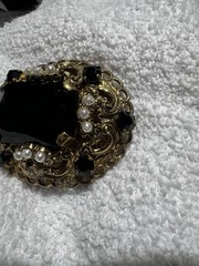 Vintage West Germany Filigree Gold Tone Pearl & Black Rhinestone Brooch Pin