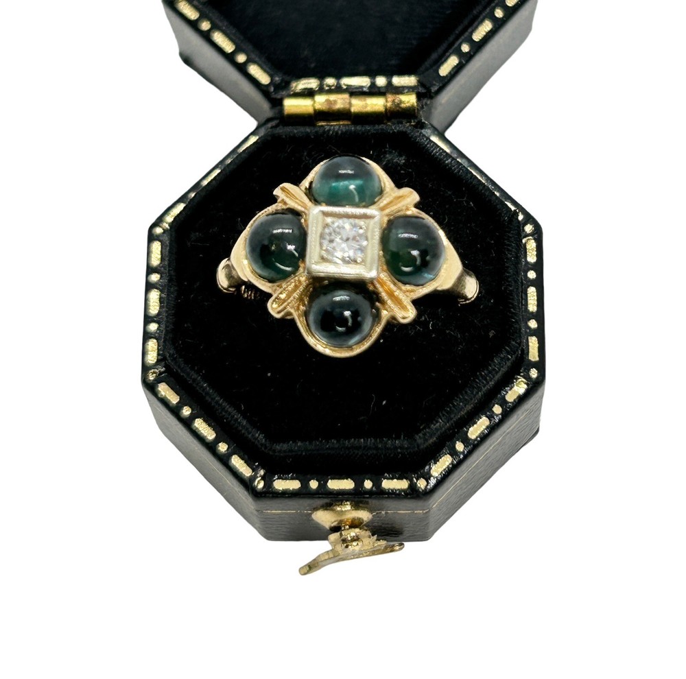 Antique Ring Blue-Green Tourmaline & Diamond 14k Yellow Gold Size 4.5