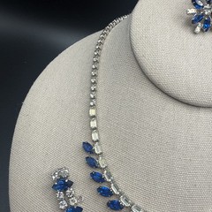 Vintage B David Silver Tone Blue Rhinestone Crystal Necklace Bracelet Clip Ons