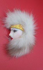 Vintage Signed Han Shin Real Fur Pin Brooch Retro Art Deco Lady Profile Large