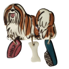 Vtg Artist Signed Shih Tzu or Lhasa Apso Ceramic Brooch w Charms Dish Bone Brush