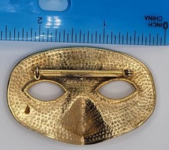 Vtg Mask with Clear Rhinestone Tear Brooch Pin Gold Tone 3D Masquerade Motif