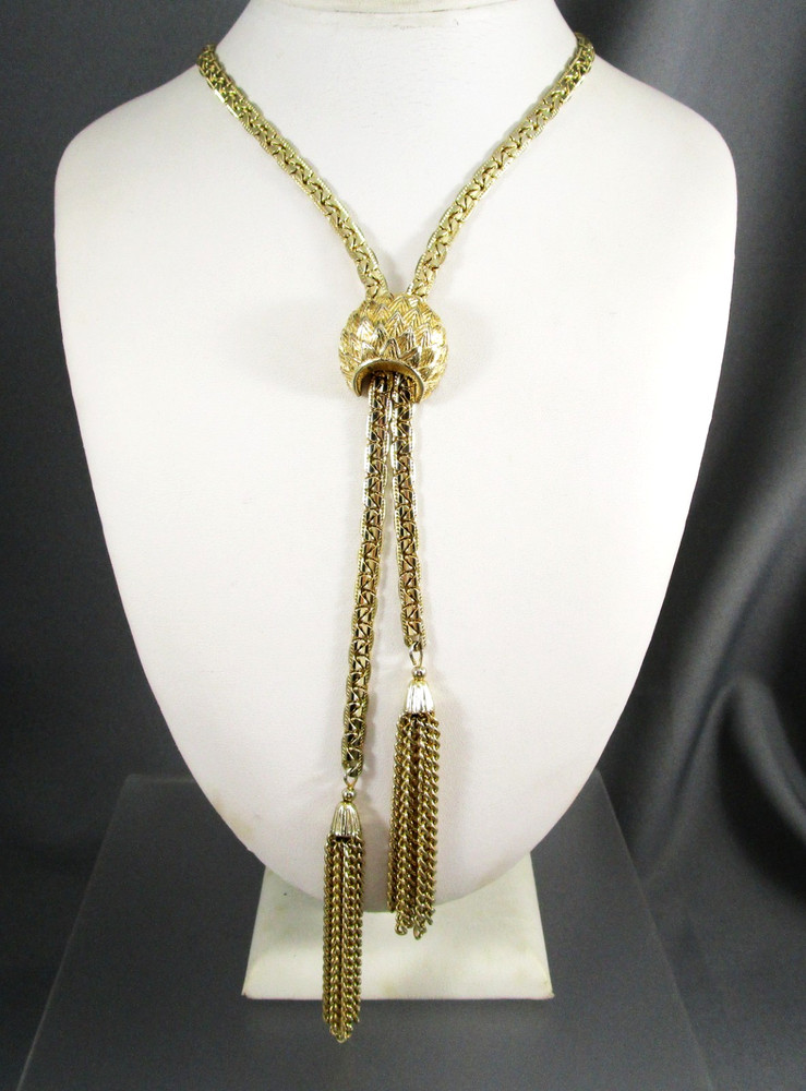 Vtg COROCRAFT Gold Tone Sliding Lariat 21″ total wearable length Necklace 849