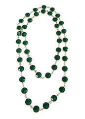 Long Gold Tone Emerald Green Crystal Station Necklace Faceted Bezel Set 36”