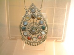 Large Vintage Silver/Bi Metal Gemstone Pendant Chain Necklace India Filigree 5″