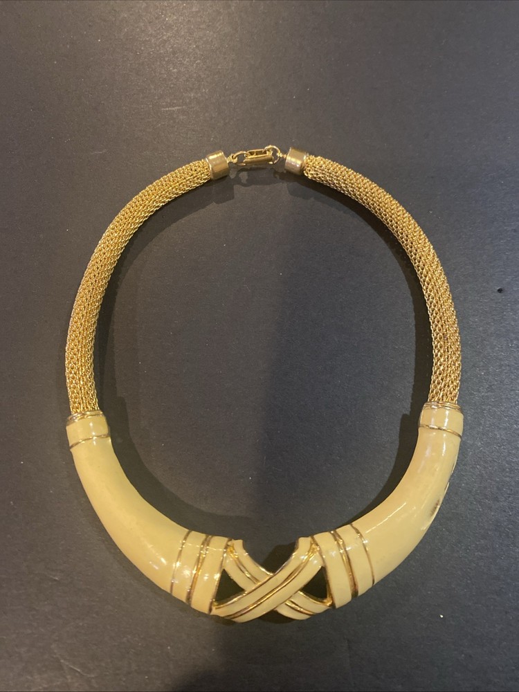 Vintage Lanvin Paris Gold Tone Mesh & Enamel Choker Necklace Signed