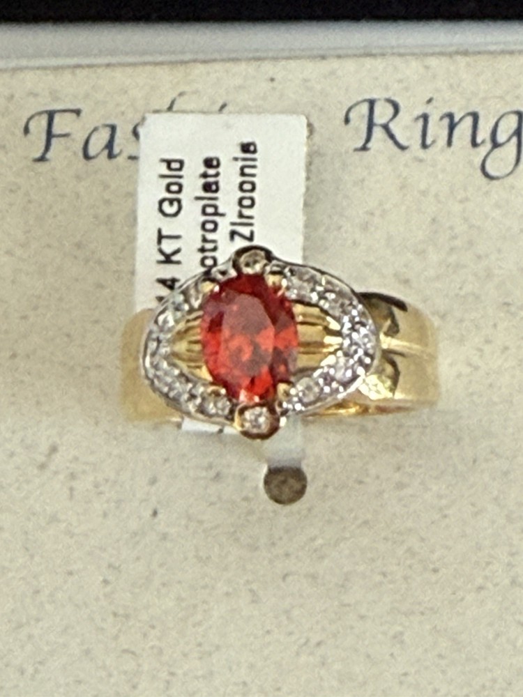Vintage Ring Cubic Zirconia Garnet Ruby 14k Gold Electroplate Size 7 NOS