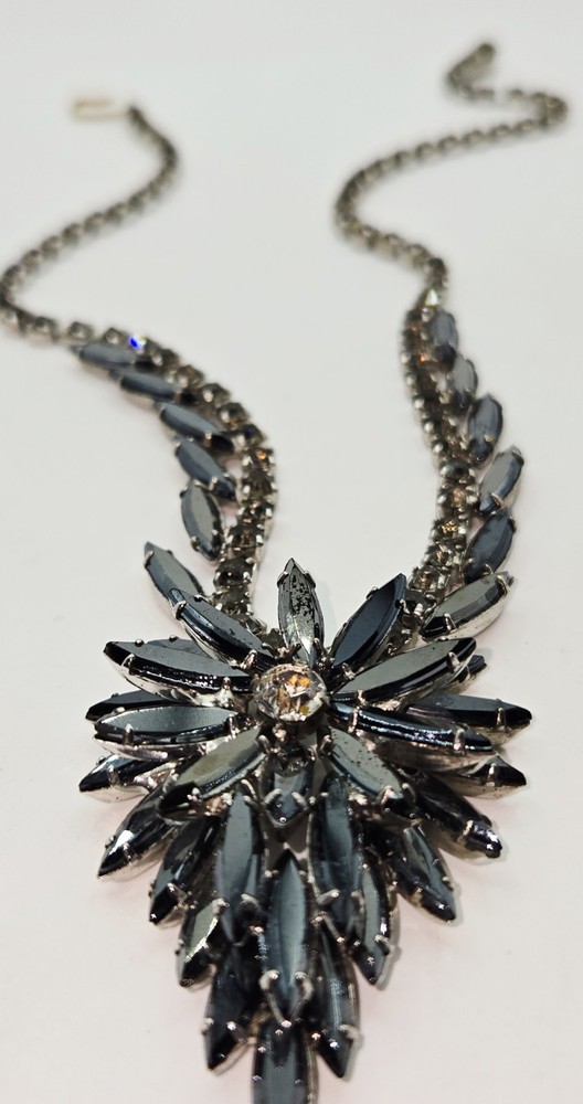 VTG Juliana D&E Black Hematite Navette Rhinestone Necklace Book Piece Statement